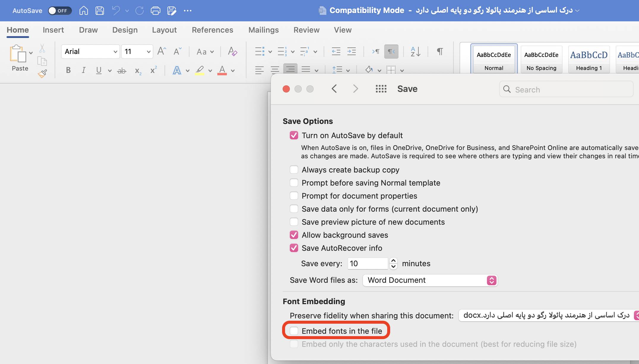 word font farsi problem