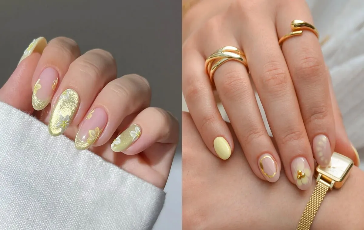 مدل ناخن زرد کره‌ای با طرح گل