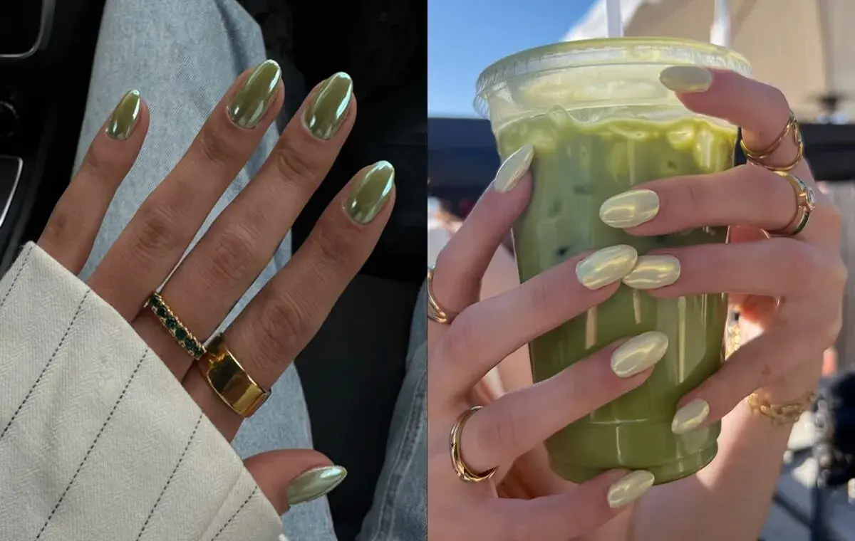 مدل ناخن سبز ماچا کروم