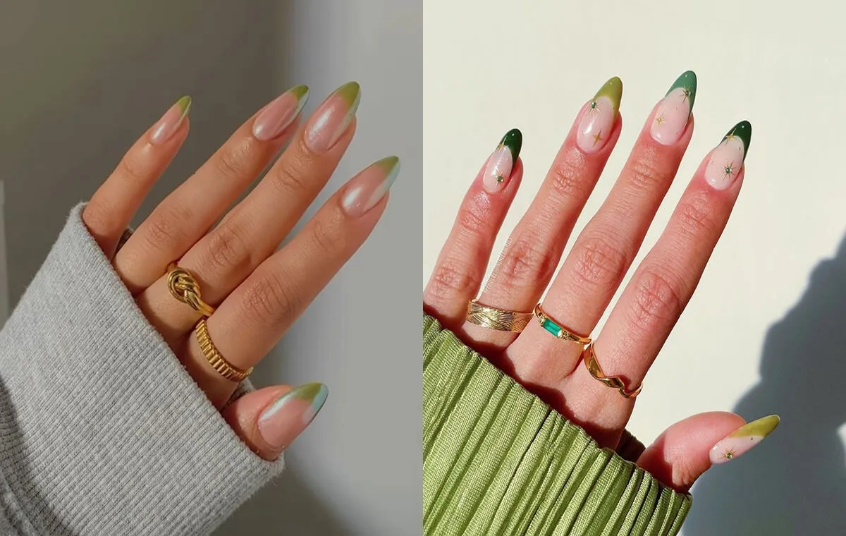 مدل رنگ ناخن سبز ماچا با فرنچ