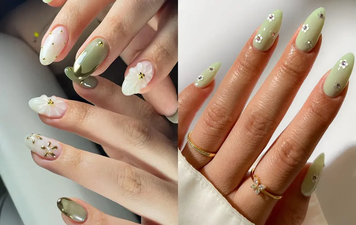 مدل ناخن سبز ماچا با طرح گل