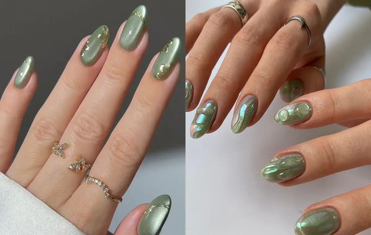 مدل ناخن سبز ماچا شاین‌دار