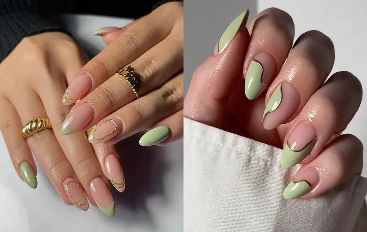 مدل ناخن سبز ماچا با طرح خطی