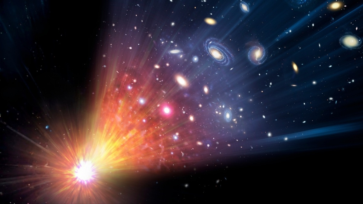 IllustrationOfBigBangExplosionAndConeOfFormingGalaxies