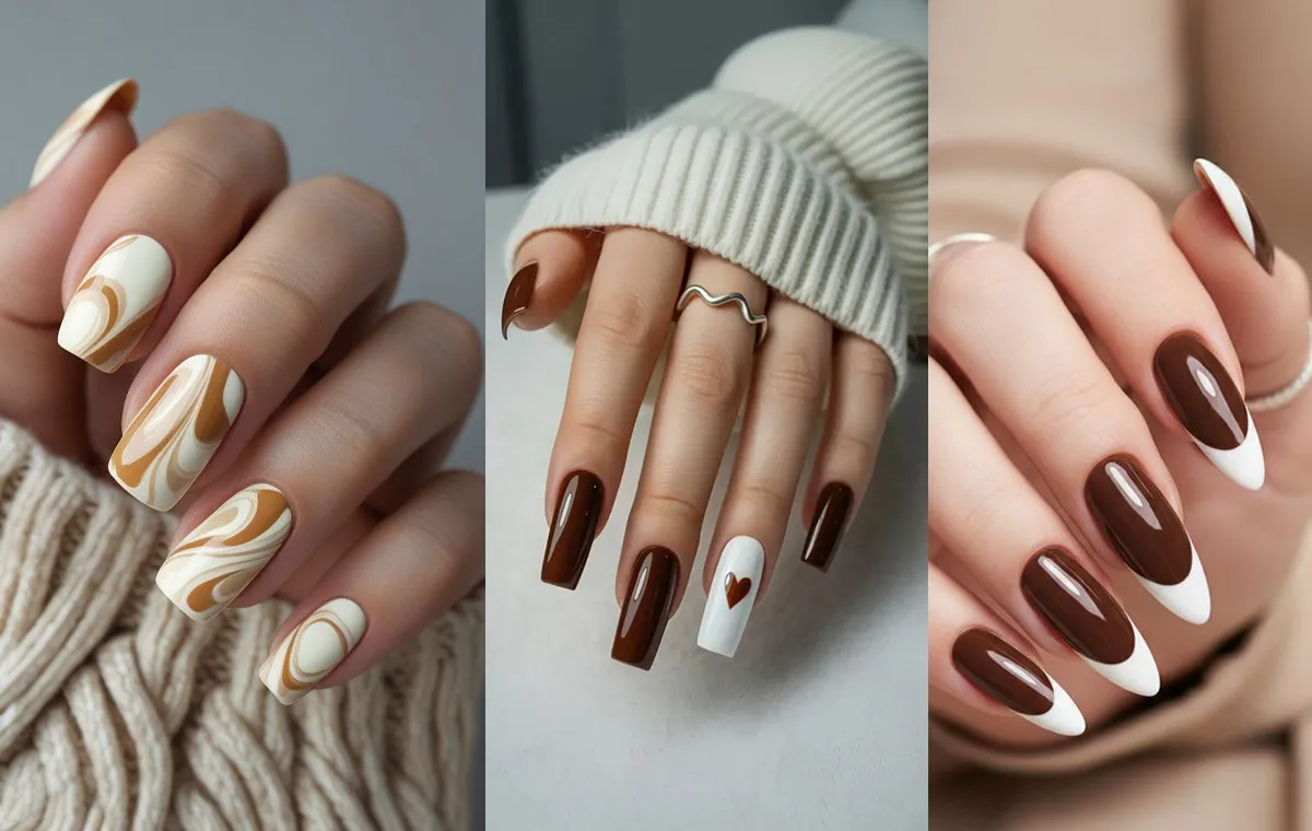 طرح ناخن قهوه‌ای سفید