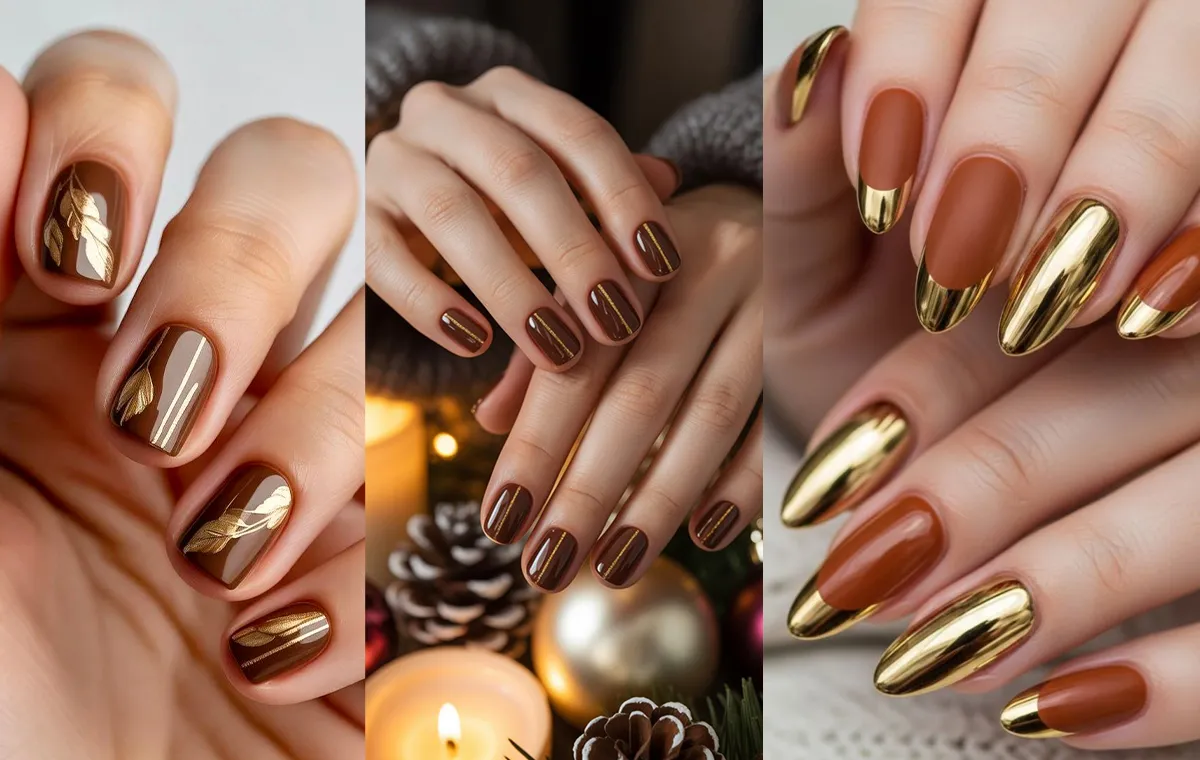 طرح ناخن قهوه‌ای طلایی