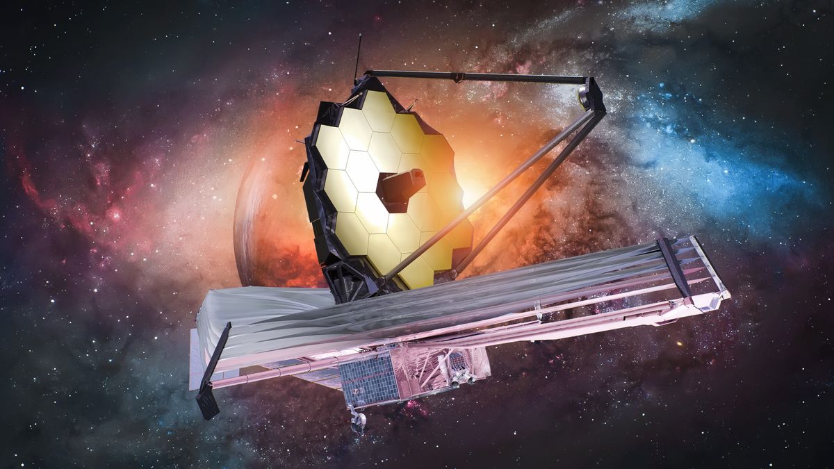 JWST in outer space. James Webb telescope far galaxy explore. Sci fi space collage. Astronomy science. Elemets of this image furnished by NASA